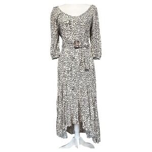 By Together Leopard Print Midi Dress Tie Waist 3/4 Sleeve High Low‎ Hem